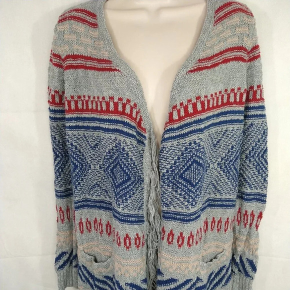 American Eagle Open Cardigan Sweater Fringe Women Size S Blue Grey Red Long Slv - Picture 2 of 6